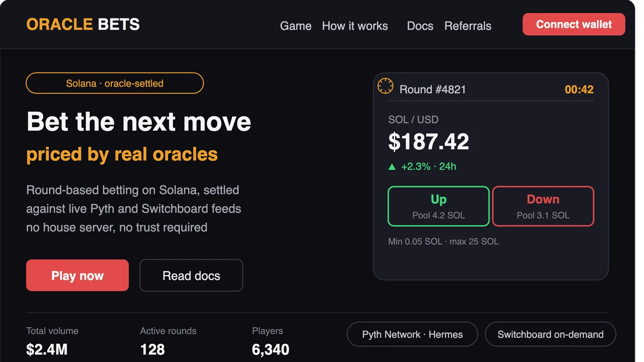 Oracle-settled betting game on Solana priced by Pyth and Switchboard