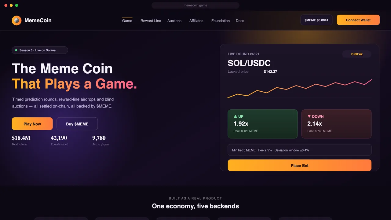 Meme token game economy on Solana with live prediction round
