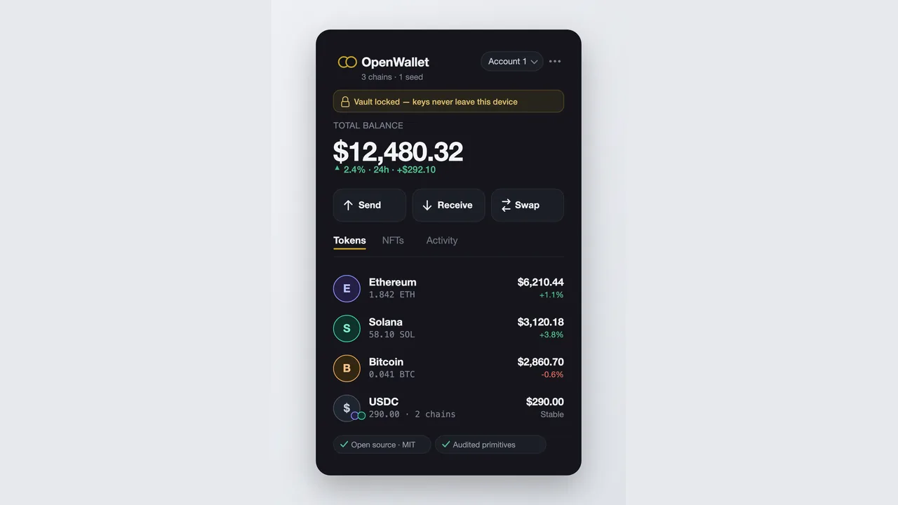 OpenWallet extension popup with balances across three chains