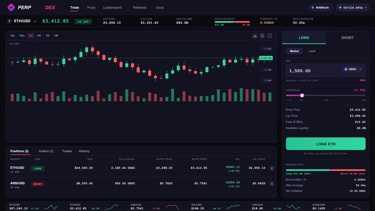 Perpetual DEX trading terminal with order book and positions